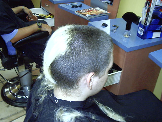 Draxy mid-shave. No more blondey.