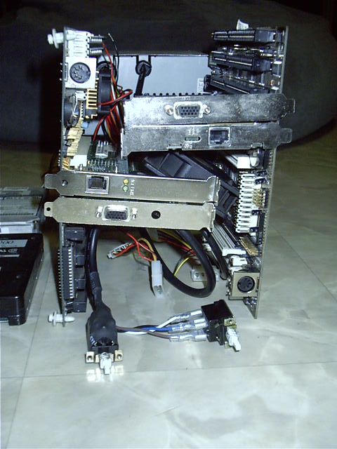 Front view of 2 motherboards, 2 netcards and 2 vid cards