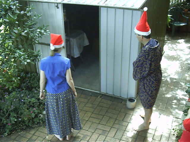 Megan, dad and I check out the rest of our gifts in shed.