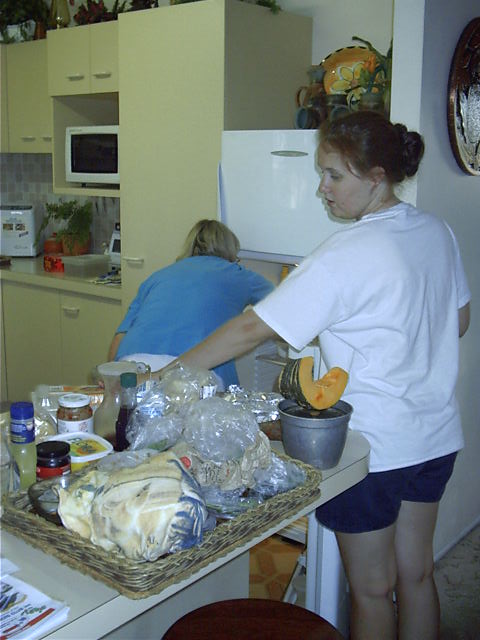 Mum and Katie pack the new fridge.