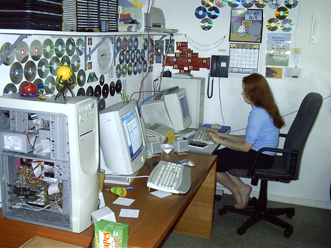 My computer setup. Mine (left) and families (right). Walls covered in CD coasters.