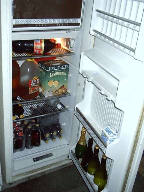 The contents of my fridge. Beer, Wine, Coke, Apple Juice and OJ. (It's good to be king)