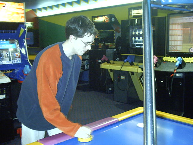 On a night out with Vicki and Lash, Lash and I air-hockey it up