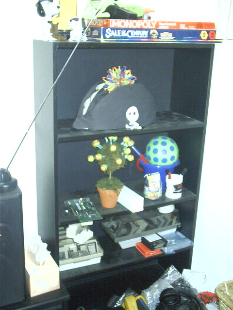 The bookself minus bottles but with other crap