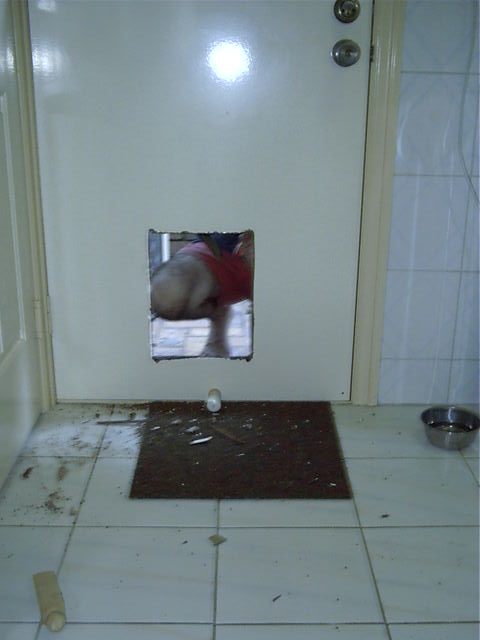 Dad cuts a whole in a door