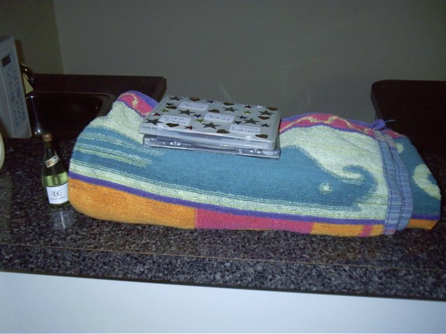 Stuff to give Laura (her towel that I have had for like a year)