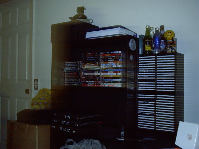 My bookshelf taken while spinning on the chair