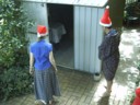 Megan, dad and I check out the rest of our gifts in shed.