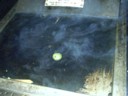 Whats for dinner? A BBQ tray filled with rain water and some sort of Lime fruit.