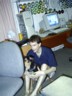 Mantis torments his dog with food. (Biscuit on top of chair)