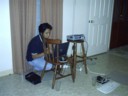 Steve plays on his laptop